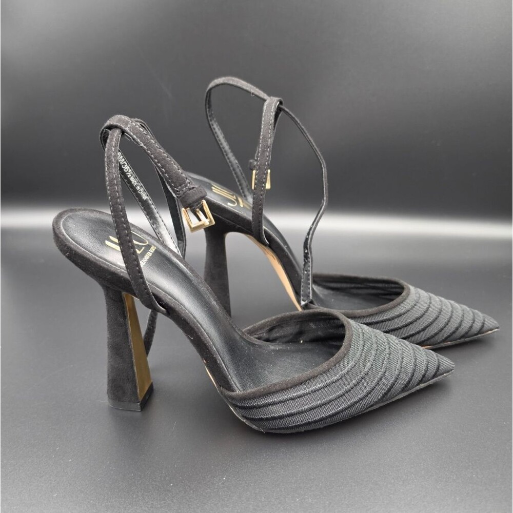 JLO Jennifer Lopez Torrie Heels Women 6M Black Pointed Toe Ankle Strap Gold